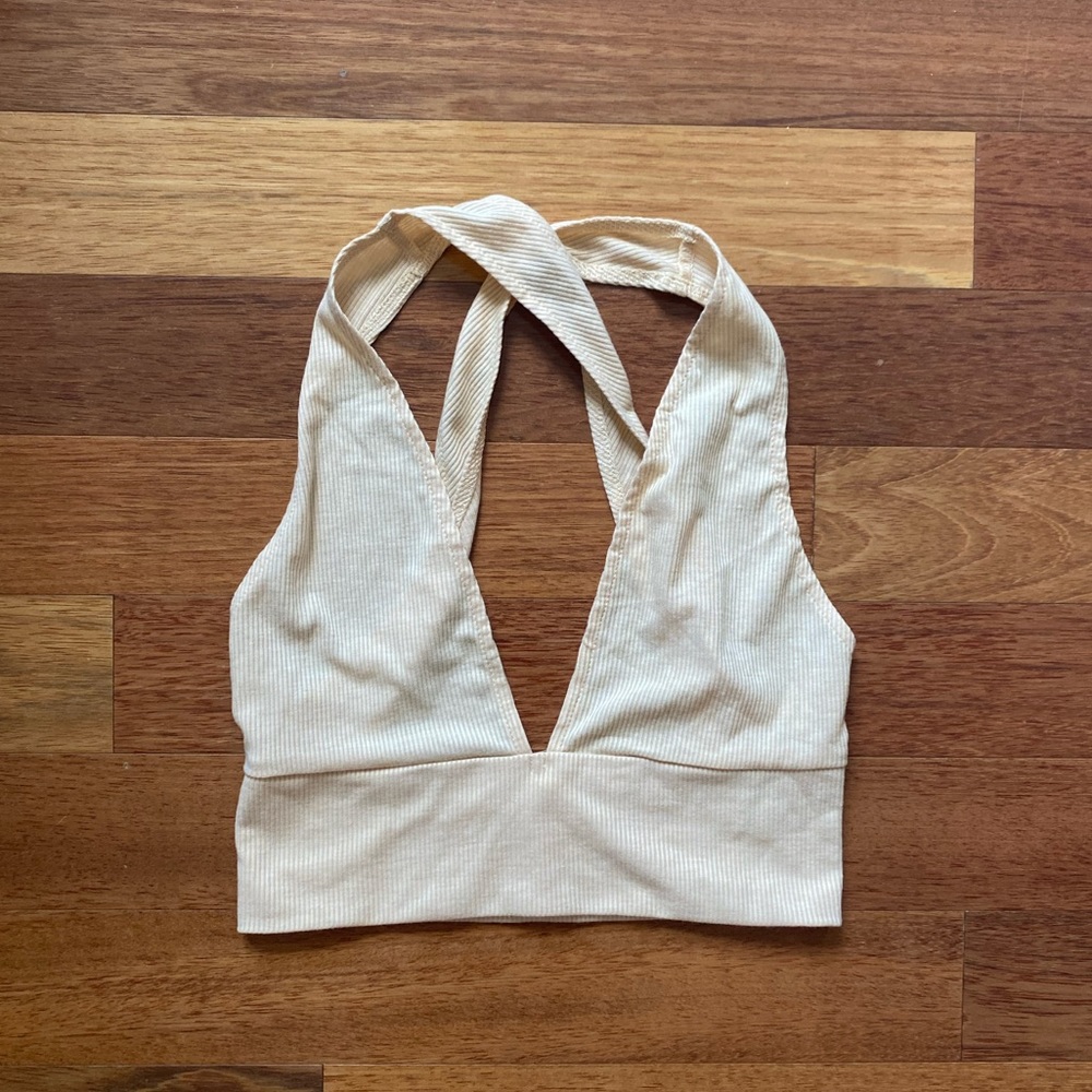 trendy nude / tan low neck halter summer crop top